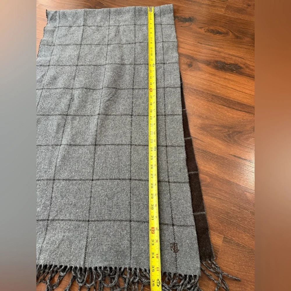 Lauren Ralph Lauren Plaid Scarf Lambswool Italy  Gray Brown 19.5